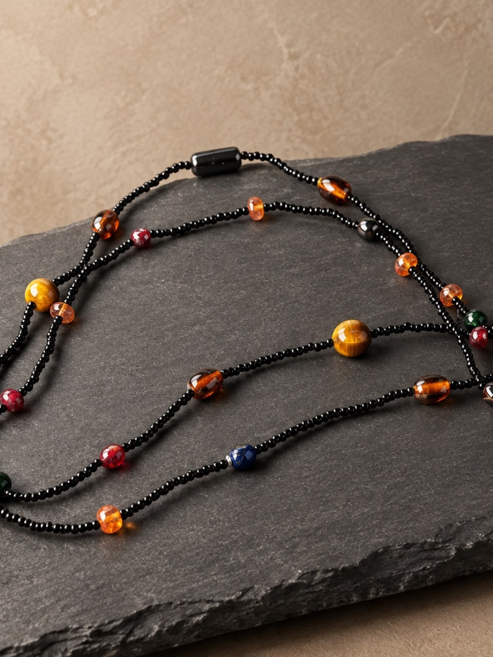 New 1990s Deadstock Rainbow Art Glass & Black Glass Accent 50” Necklace